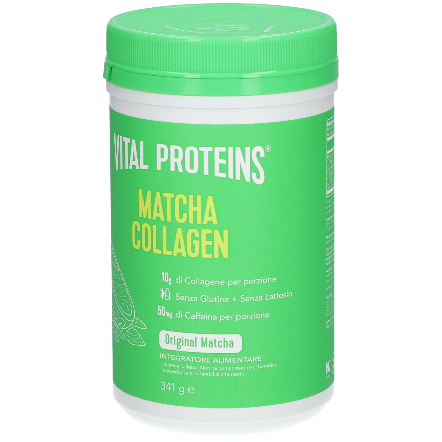 Barattolo verde Vital Proteins Matcha Collagen. Scritta: Matcha Collagen, 10g collagene, senza glutine, senza lattosio, 50mg caffeina. Original Matcha.