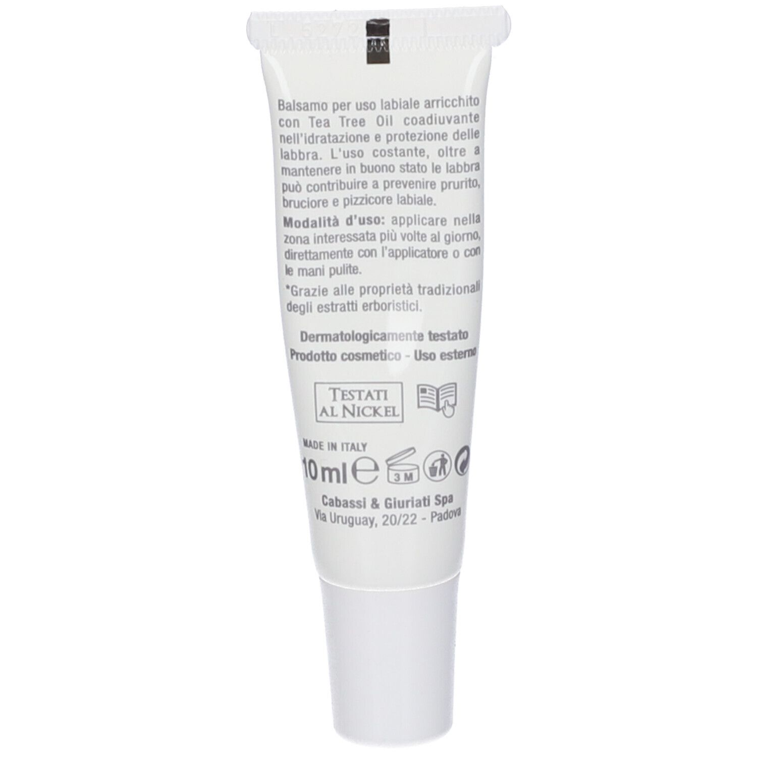 Retro del tubo bianco. Testo: Balsamo per uso labiale, 10 ml, Testati al Nickel, Made in Italy. Simboli.