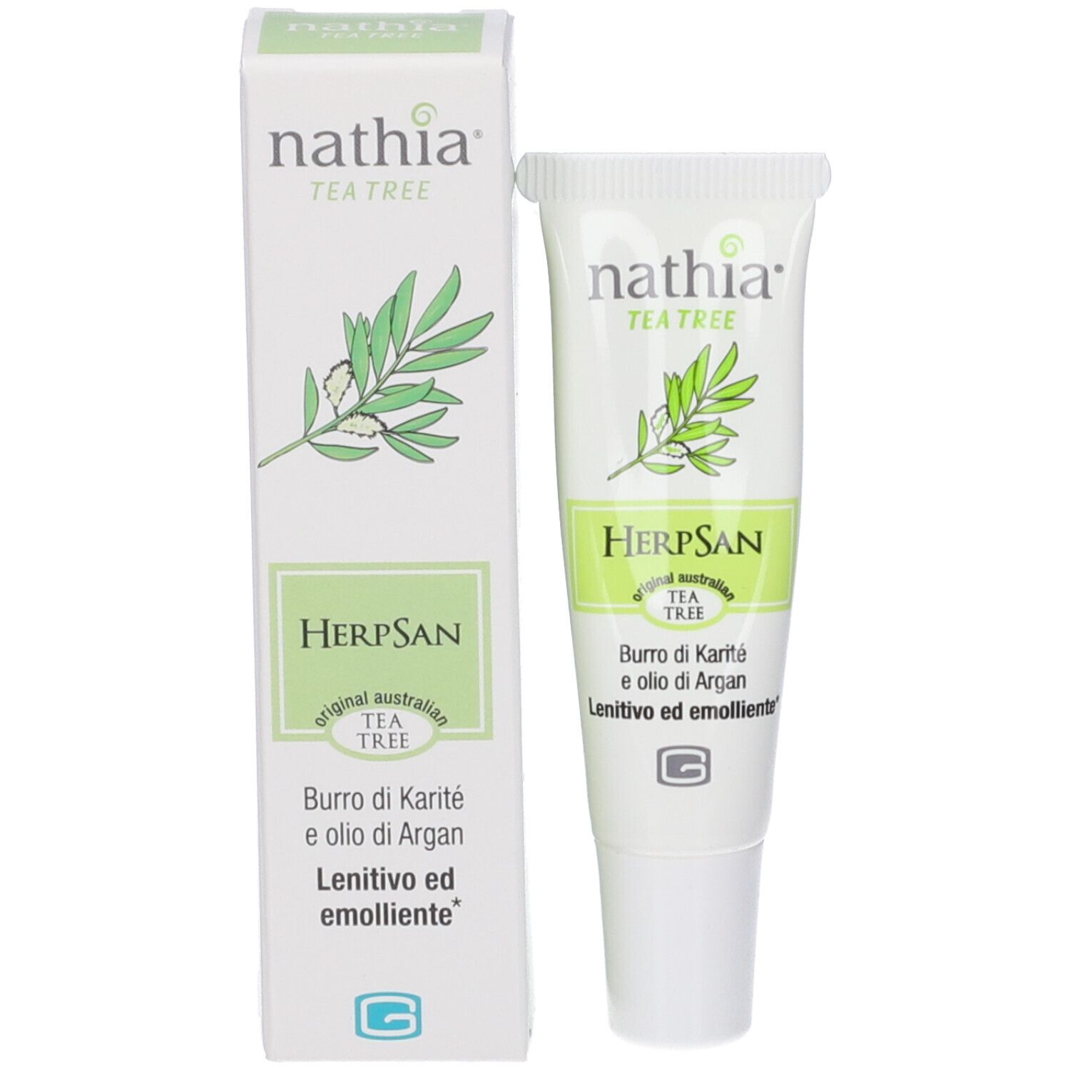 Prodotto e confezione. HERPSAN, Nathia Tea Tree. Testo: Burro di Karité e olio di Argan. Lenitivo ed emolliente. Confezione verde.