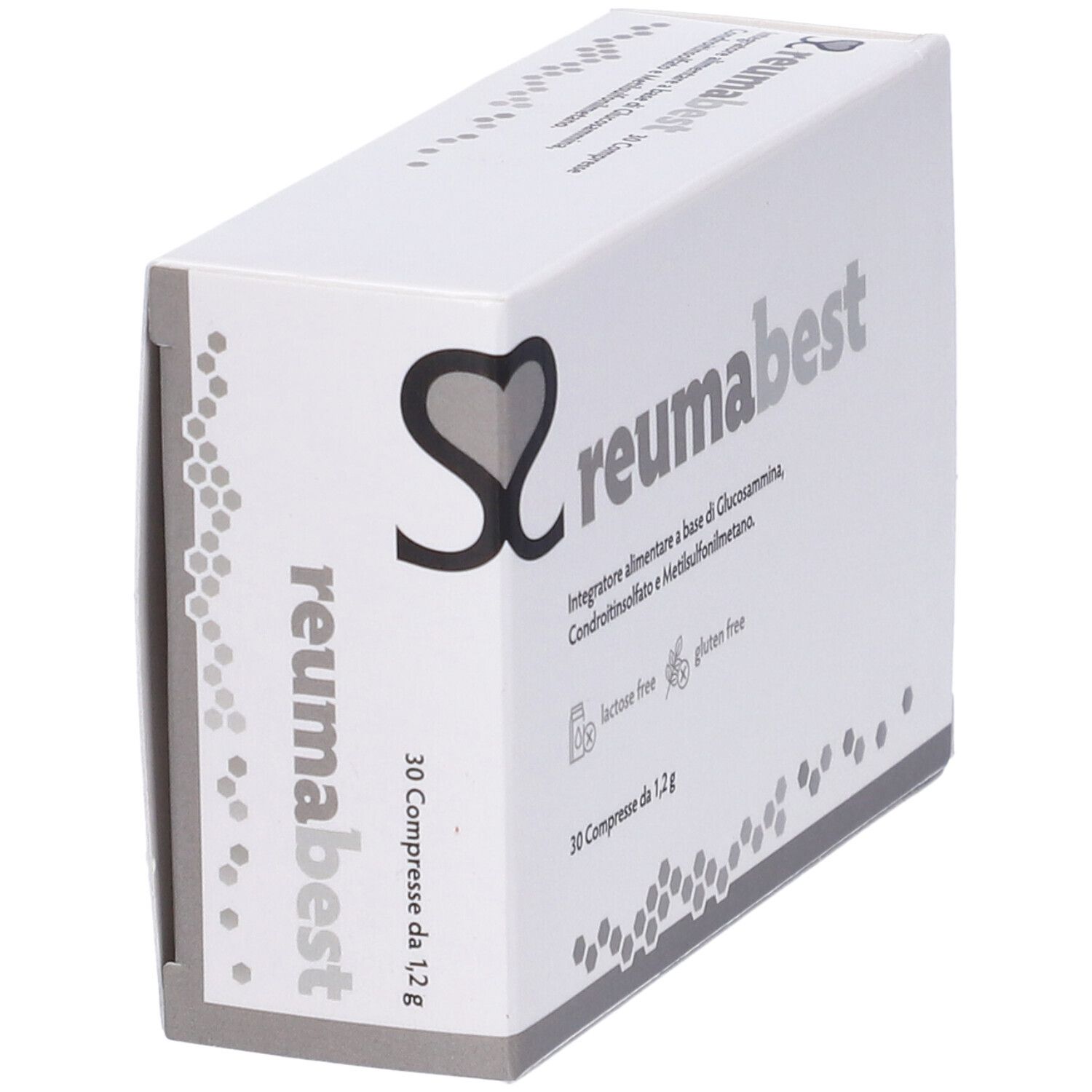 Scatola "reumabest" in prospettiva. Logo e testo visibili. Contiene 30 compresse. "lactose free", "gluten free".