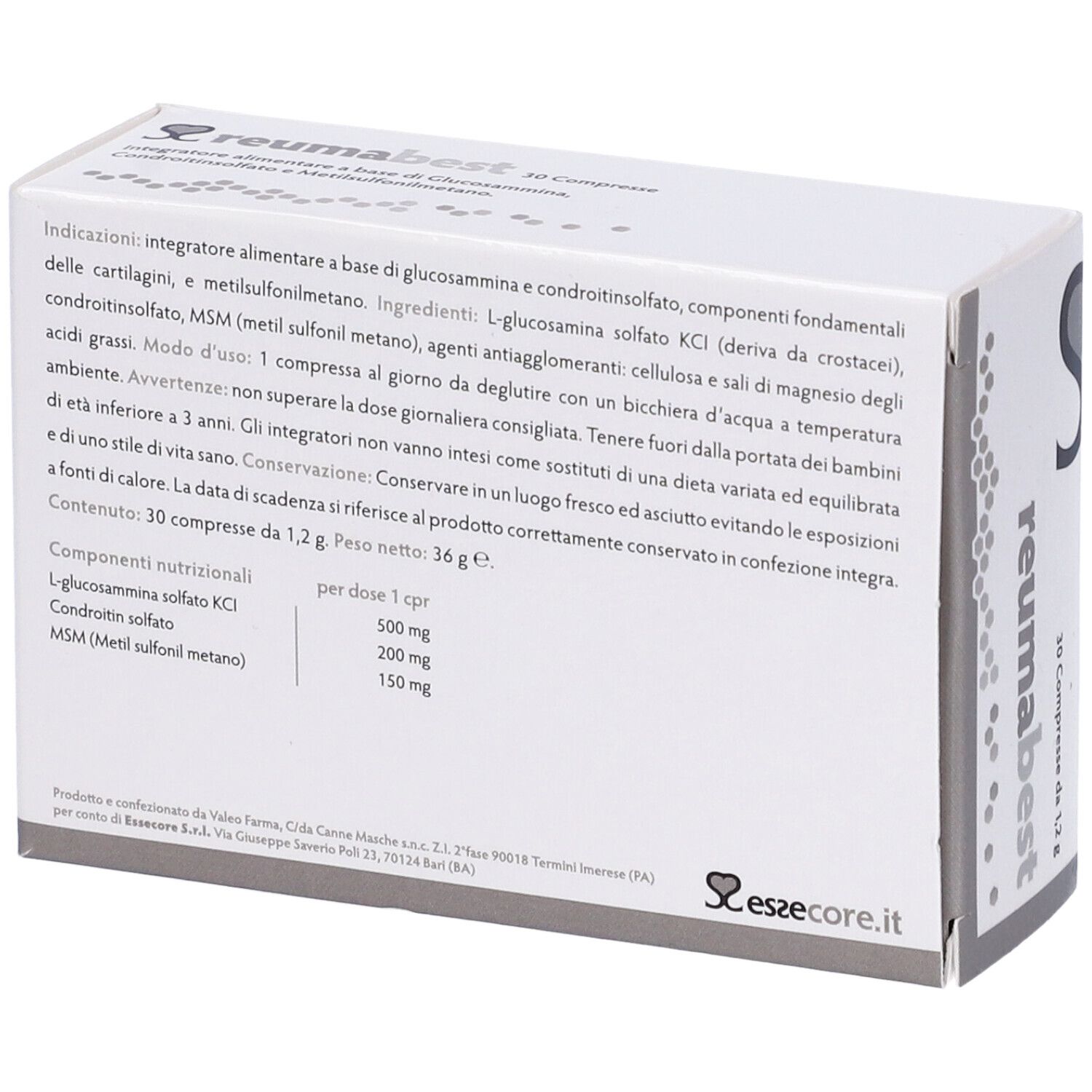 Retro della scatola "reumabest". Testo con ingredienti e informazioni nutrizionali. 30 compresse, 1,2 g.