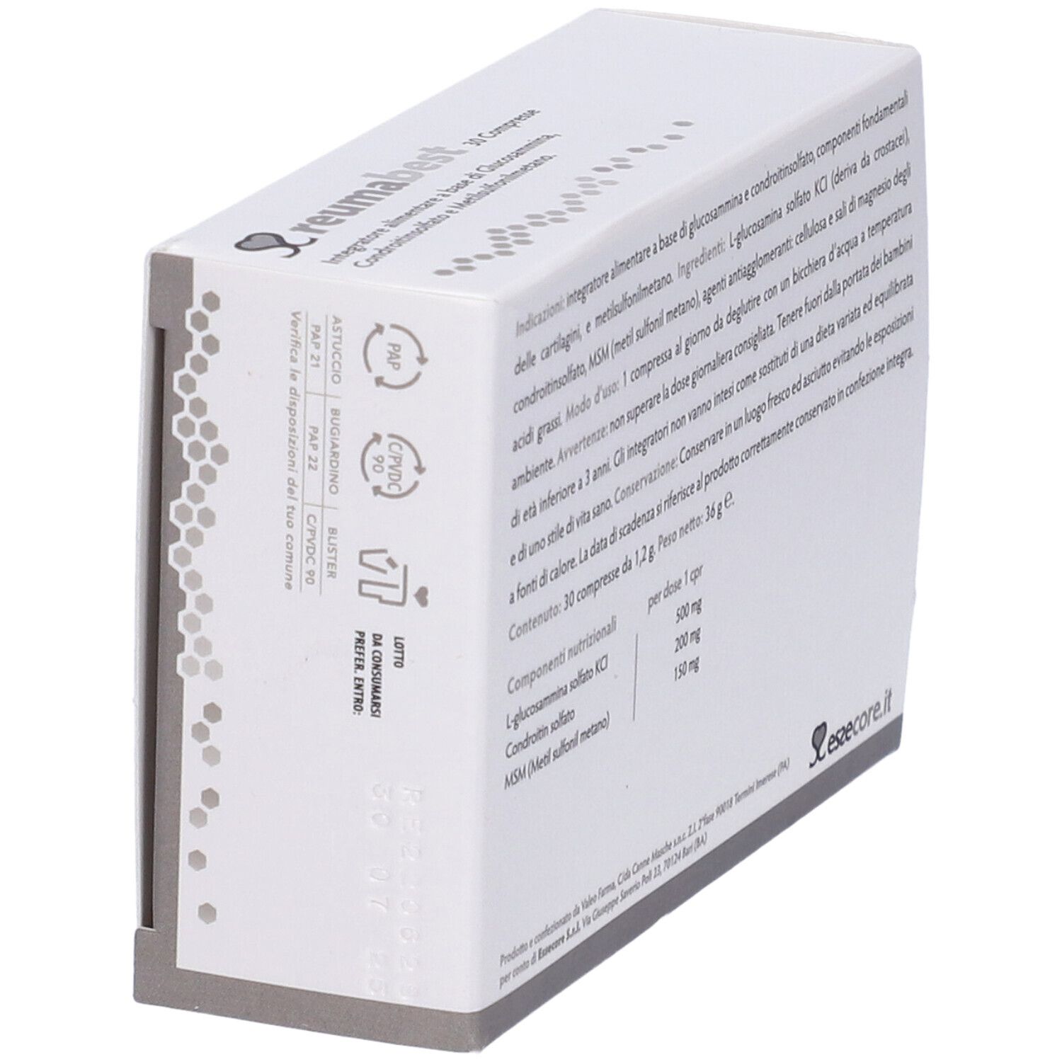 Scatola "reumabest" in prospettiva. Retro con testo e simboli. 30 compresse, 1,2 g.