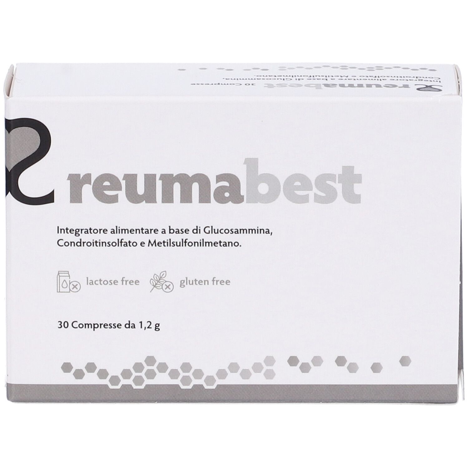 Scatola bianca "reumabest". Contiene 30 compresse. Scritte: "lactose free", "gluten free".