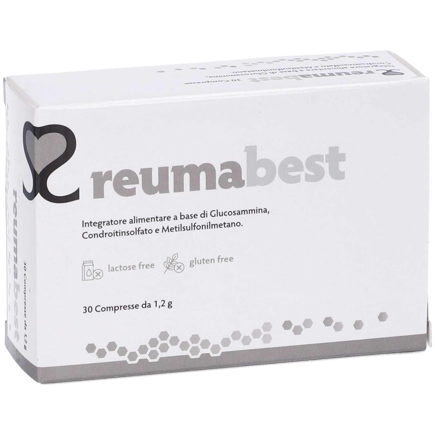 Scatola bianca "reumabest". Contiene 30 compresse. Scritte: "lactose free", "gluten free".