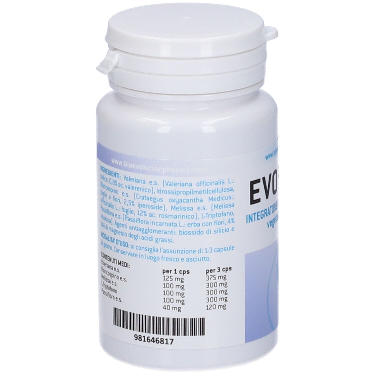 Flacone bianco EVORELAX. Elenco ingredienti e informazioni nutrizionali. www.bioevolutionpharma.com.