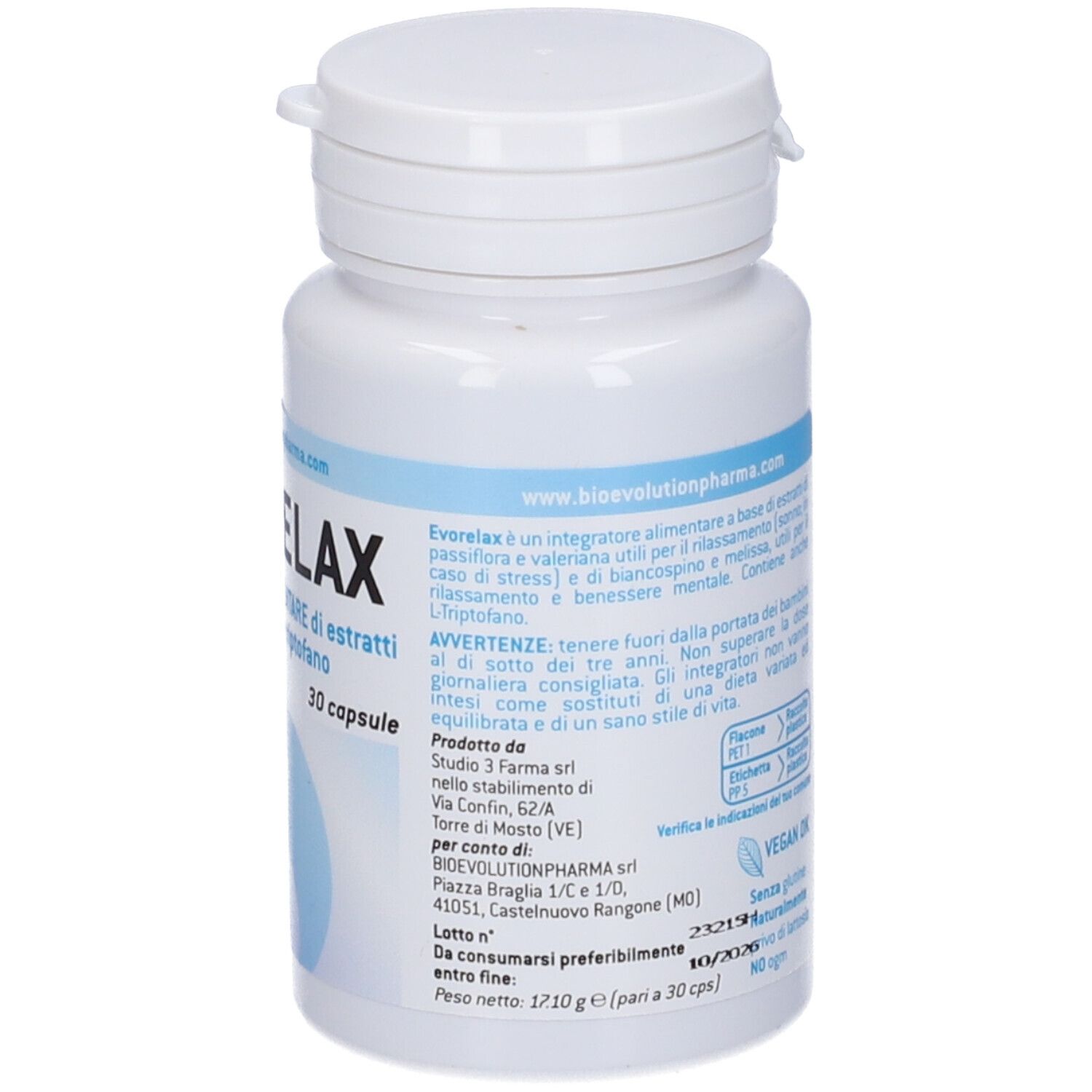 Flacone bianco EVORELAX. 30 capsule. www.bioevolutionpharma.com. Avvertenze e data di scadenza.