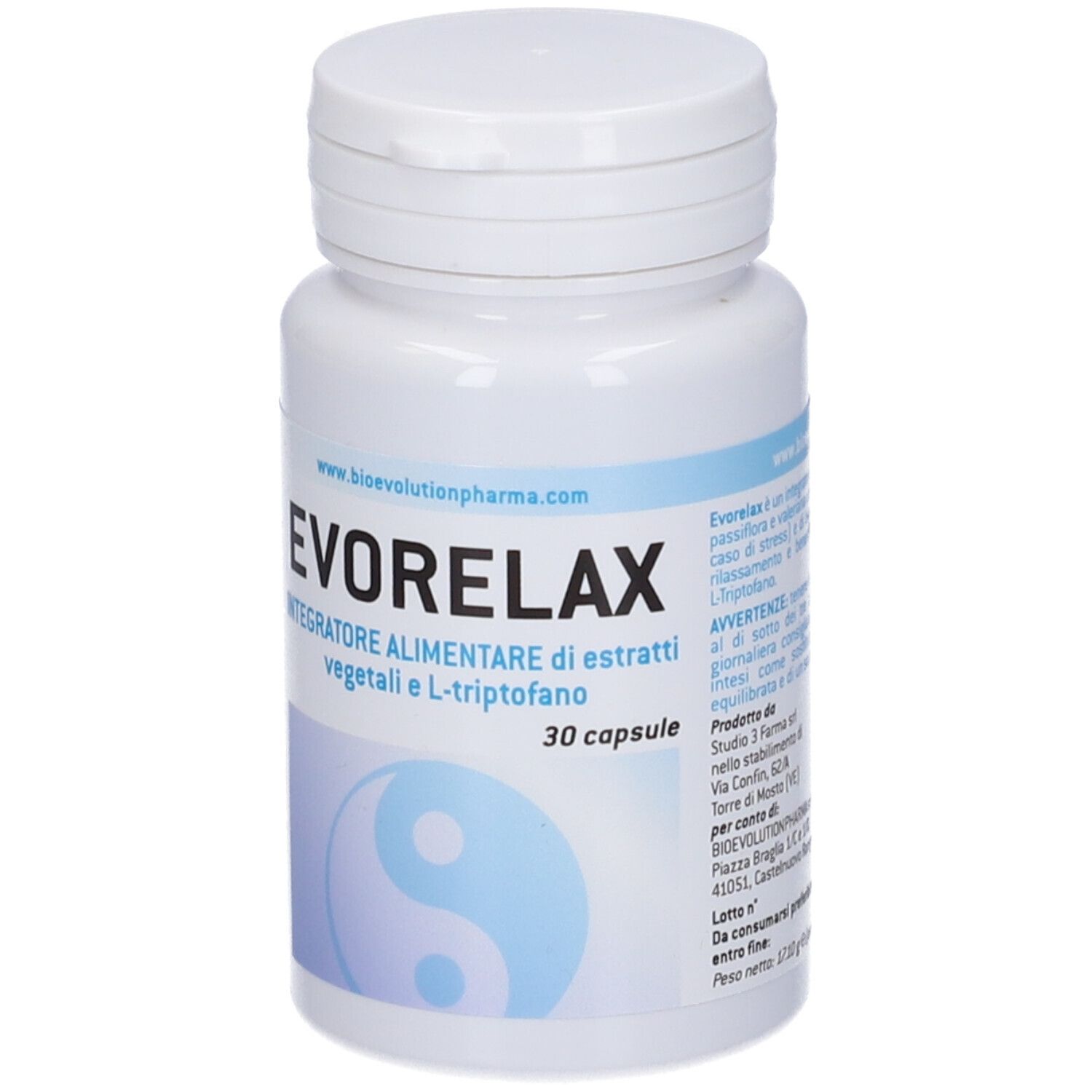 Flacone bianco EVORELAX. 30 capsule. Simbolo Yin-Yang. www.bioevolutionpharma.com.