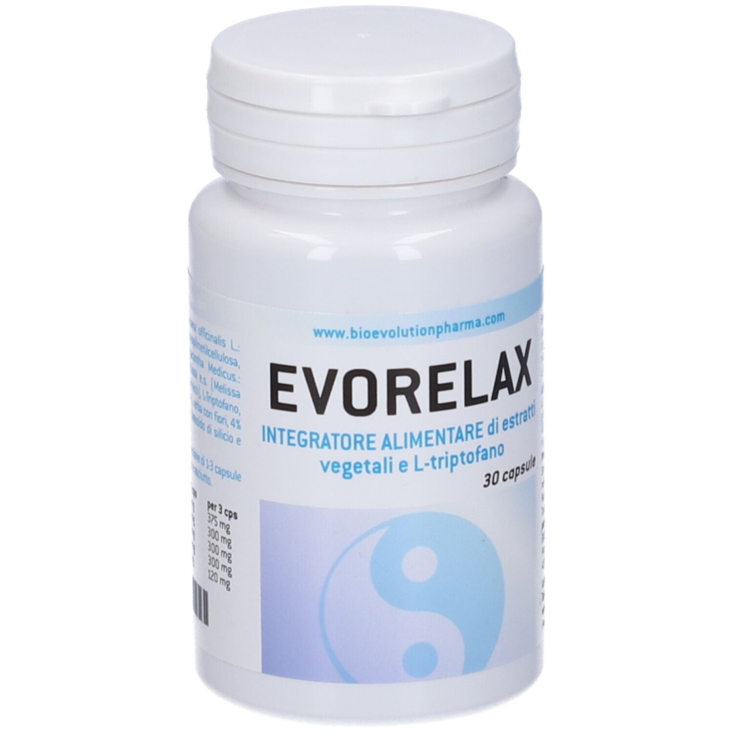 Flacone bianco EVORELAX. 30 capsule. Simbolo Yin-Yang. www.bioevolutionpharma.com.