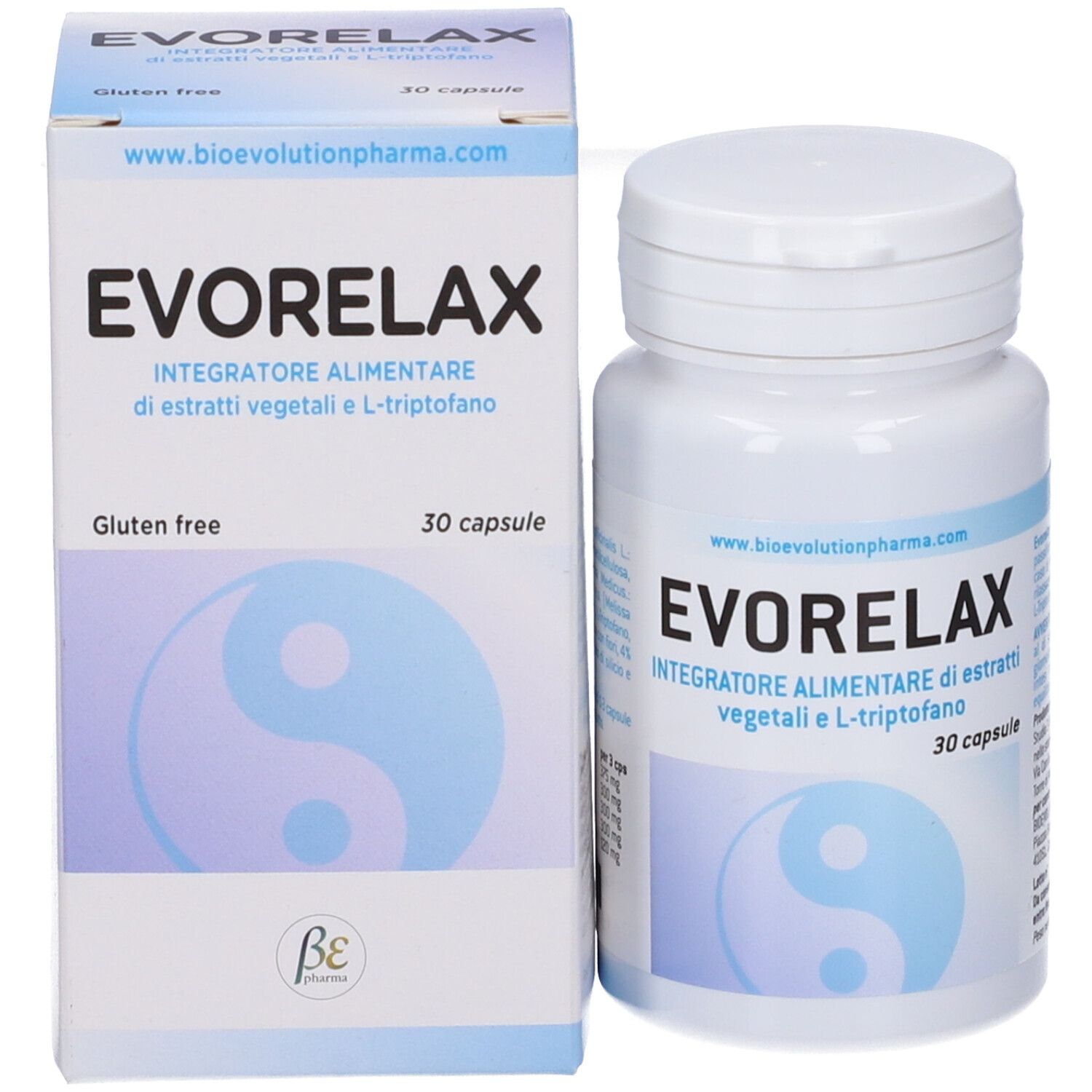 Flacone e scatola EVORELAX. 30 capsule. Senza glutine. Simbolo Yin-Yang. www.bioevolutionpharma.com.