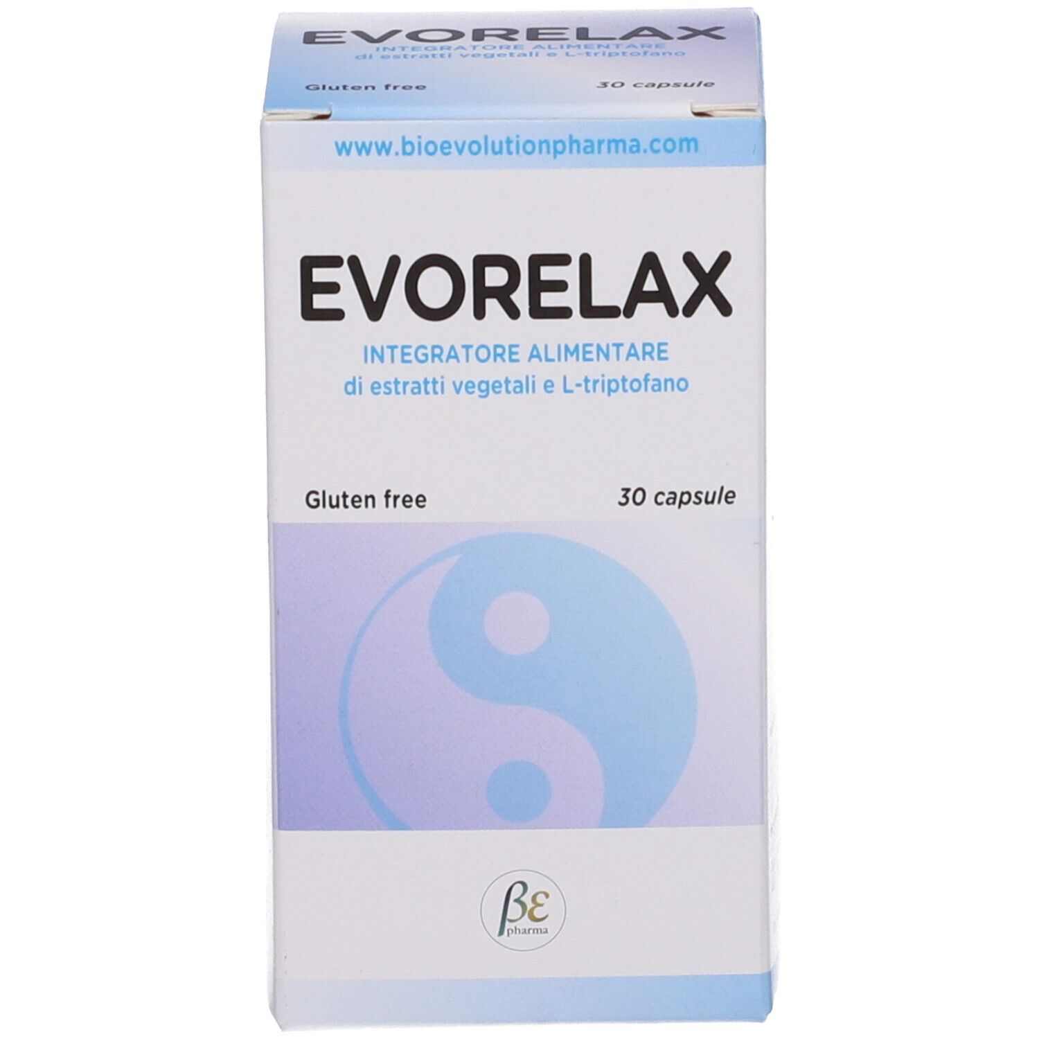 Scatola EVORELAX. 30 capsule. Senza glutine. Simbolo Yin-Yang. www.bioevolutionpharma.com.
