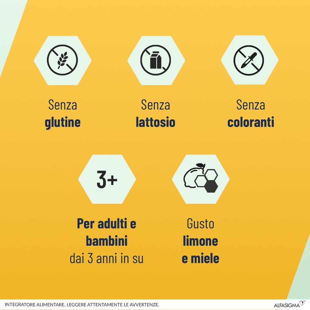 Simboli: Senza glutine, senza lattosio, senza coloranti. Per adulti e bambini dai 3 anni.