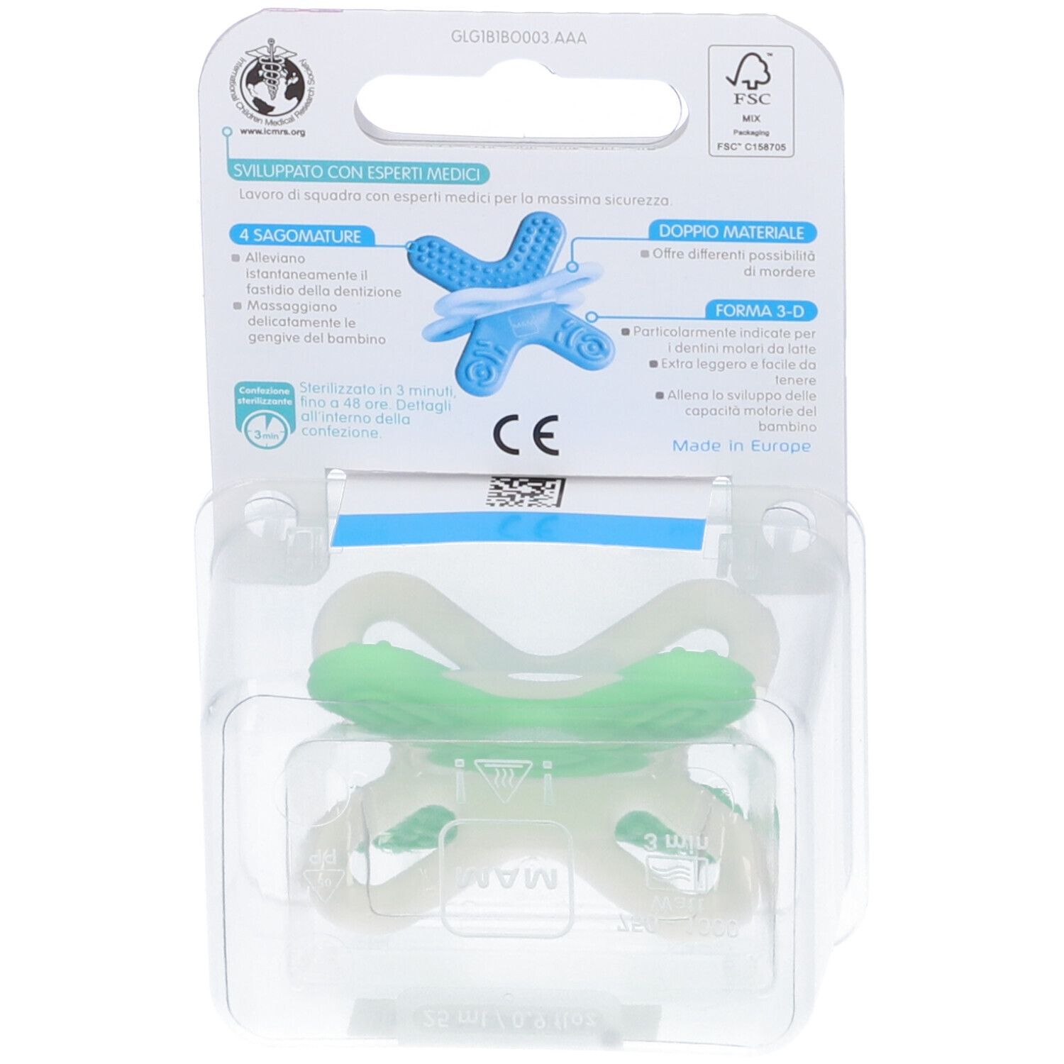 Due massaggiagengive MAM forma 3D, uno verde, uno bianco, in confezione trasparente.