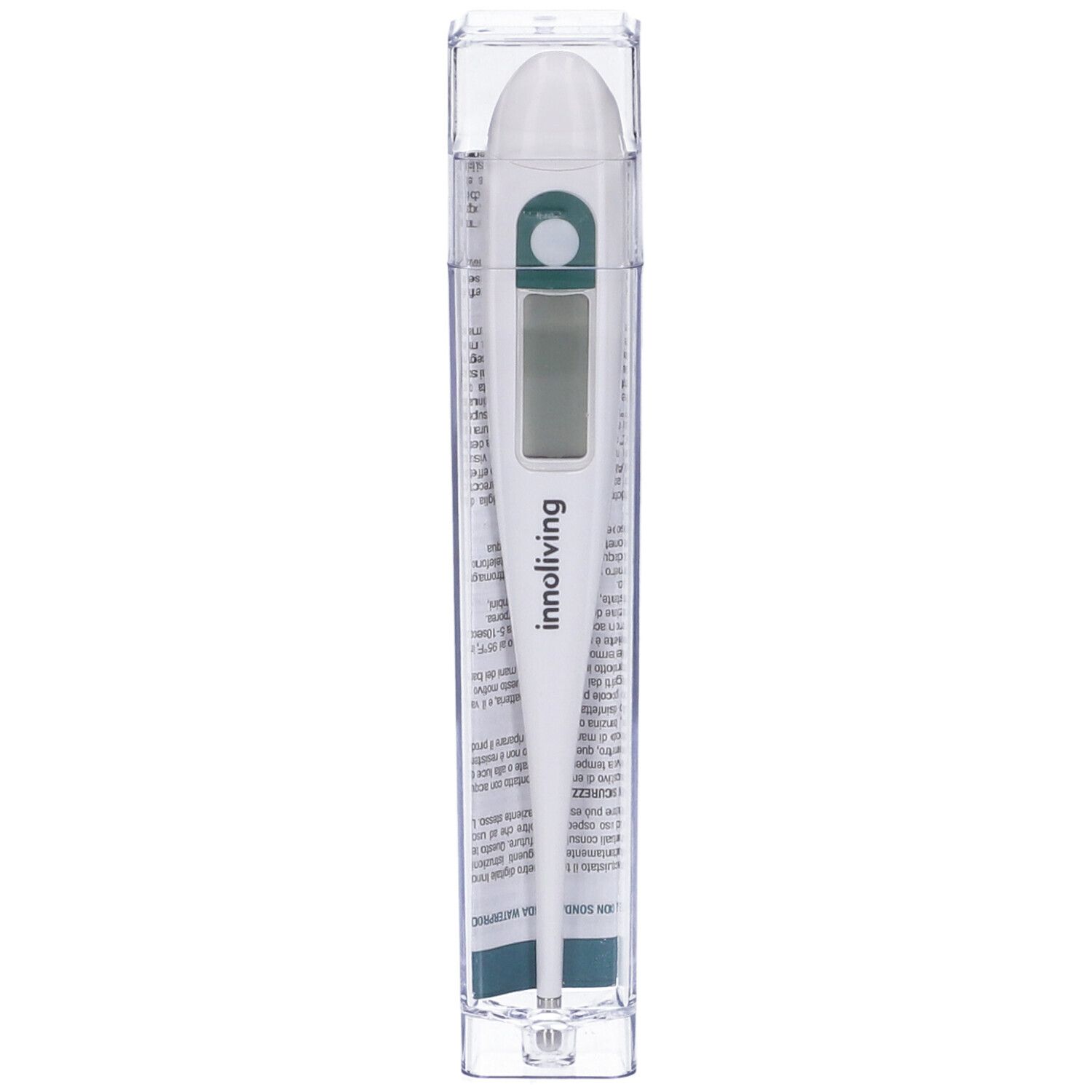 Termometro digitale con sonda rigida in confezione trasparente. Con display e marchio "innoliving".