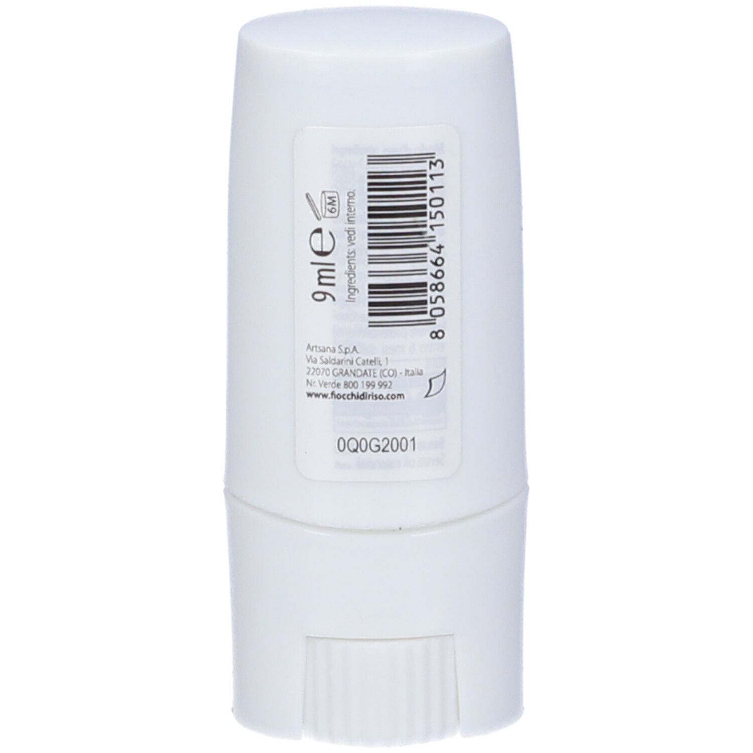 Retro dello stick di balsamo bianco. Testo: 9 ml, ingredienti, codice a barre, logo Fiocchi di Riso.
