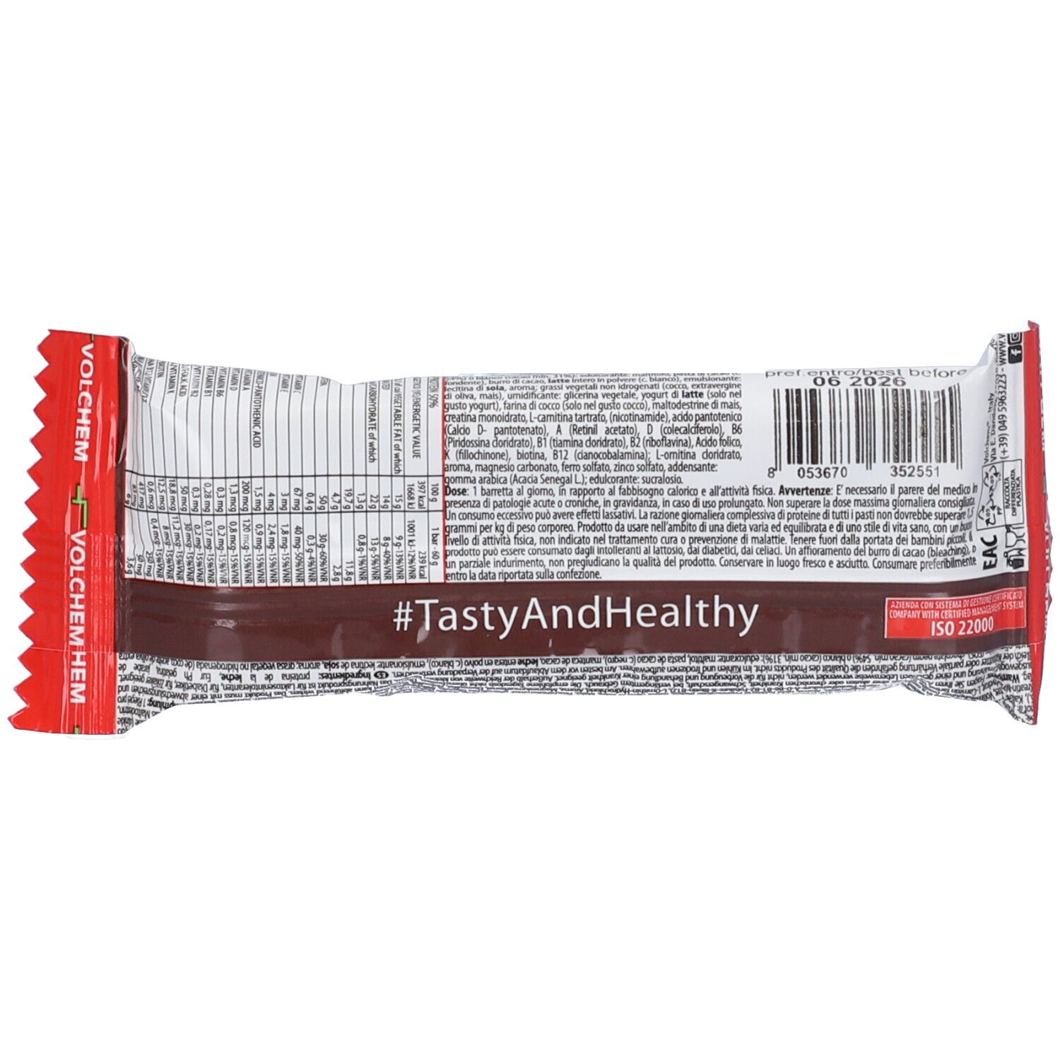 Retro della confezione della barretta proteica PROMEAL. Contiene informazioni nutrizionali e testo. Con hashtag #TastyAndHealthy.