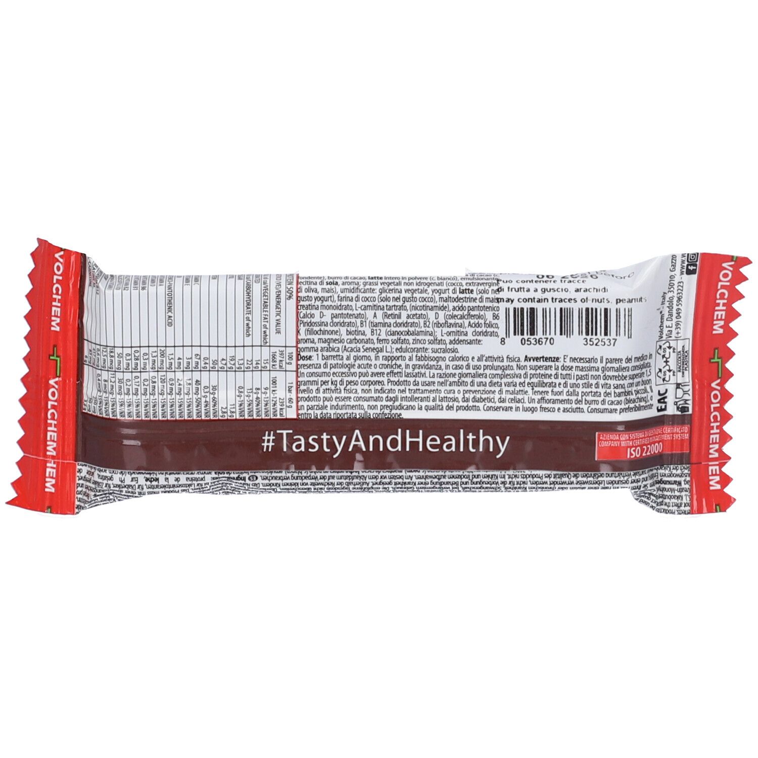 Retro della confezione della barretta proteica PROMEAL. Contiene informazioni nutrizionali e testo. Hashtag #TastyAndHealthy.