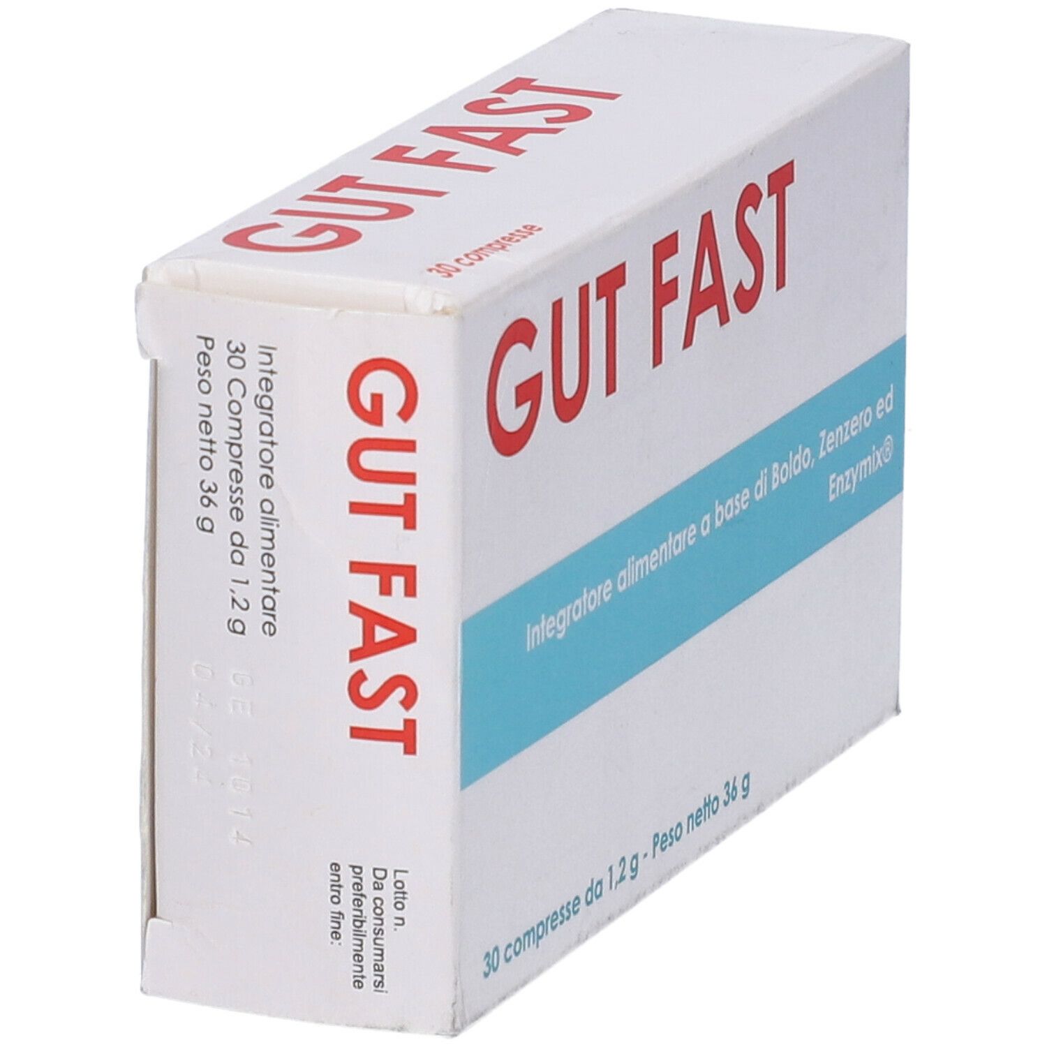 Scatola 'GUT FAST' in prospettiva. Bianca, testo rosso. Contiene 30 compresse. Integratore alimentare a base di Boldo, Zenzero.