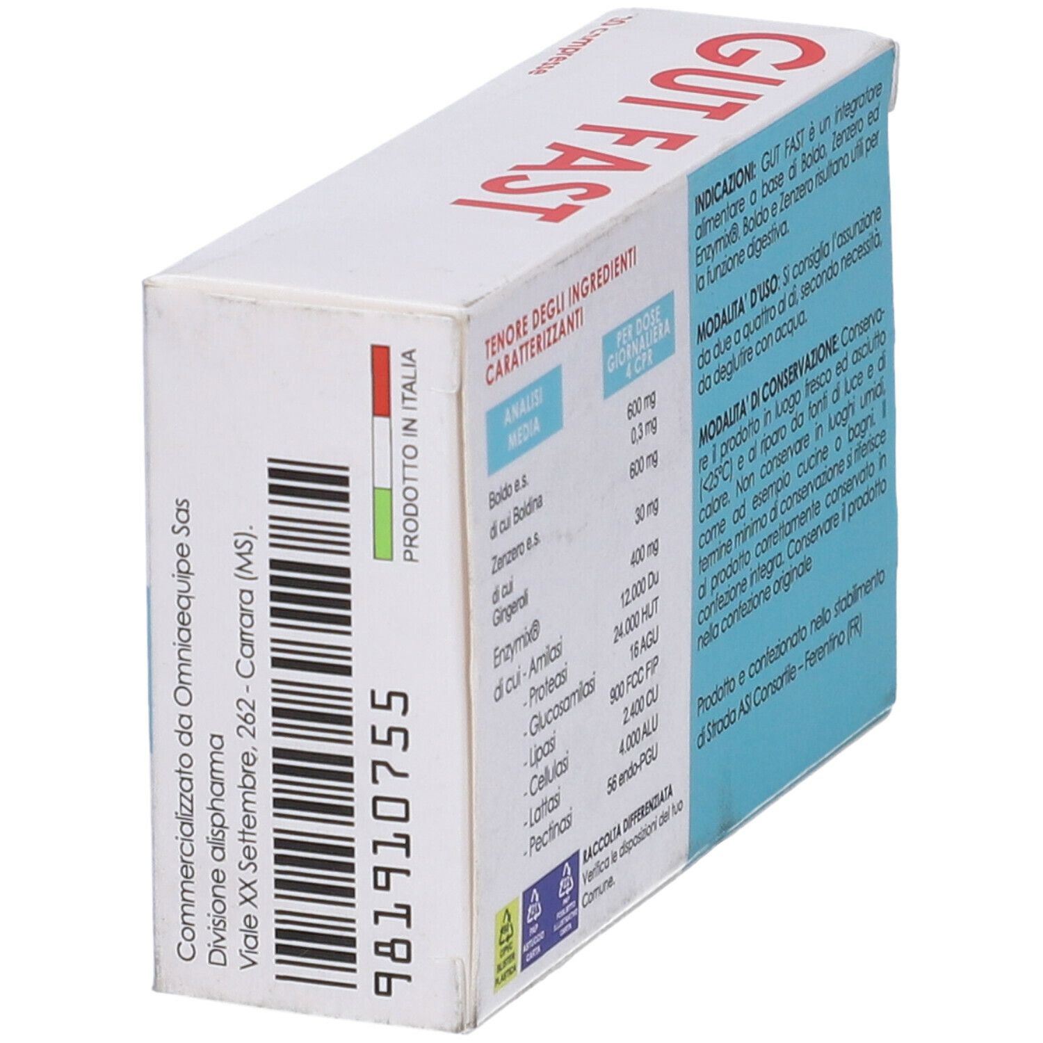 Retro della scatola 'GUT FAST'. Testo in italiano. Ingredienti e informazioni di produzione.