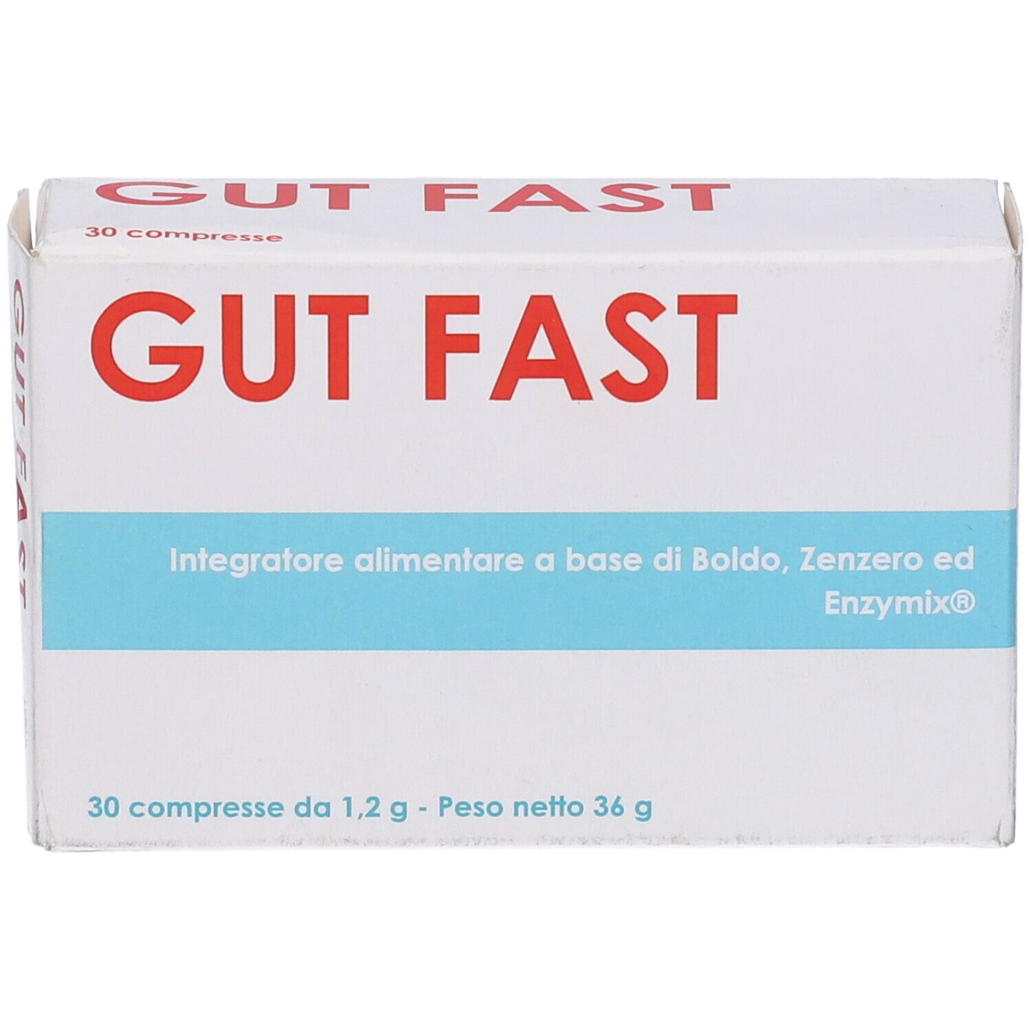 Scatola bianca 'GUT FAST' con testo rosso. Contiene 30 compresse. Integratore alimentare a base di Boldo, Zenzero.