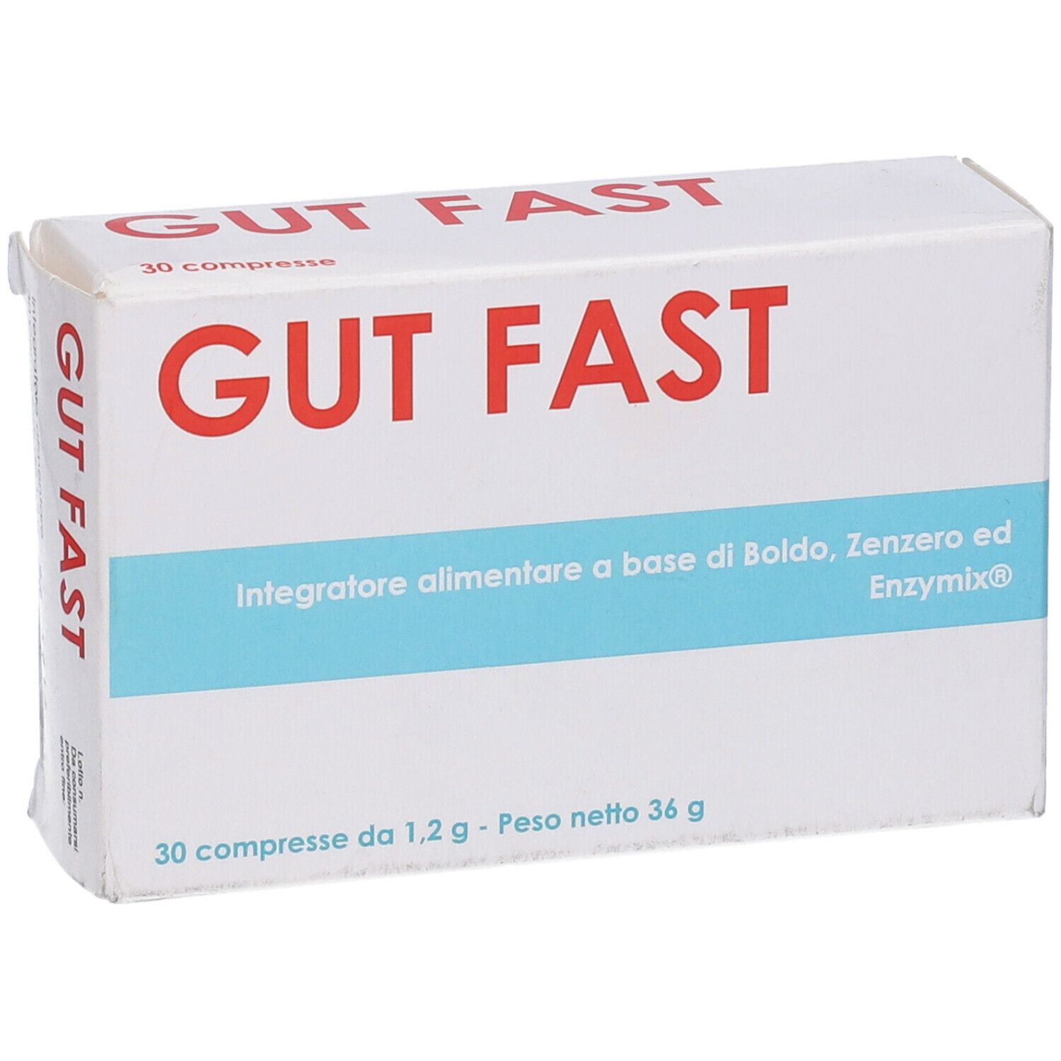 Scatola bianca 'GUT FAST' con testo rosso. Contiene 30 compresse. Integratore alimentare a base di Boldo, Zenzero.