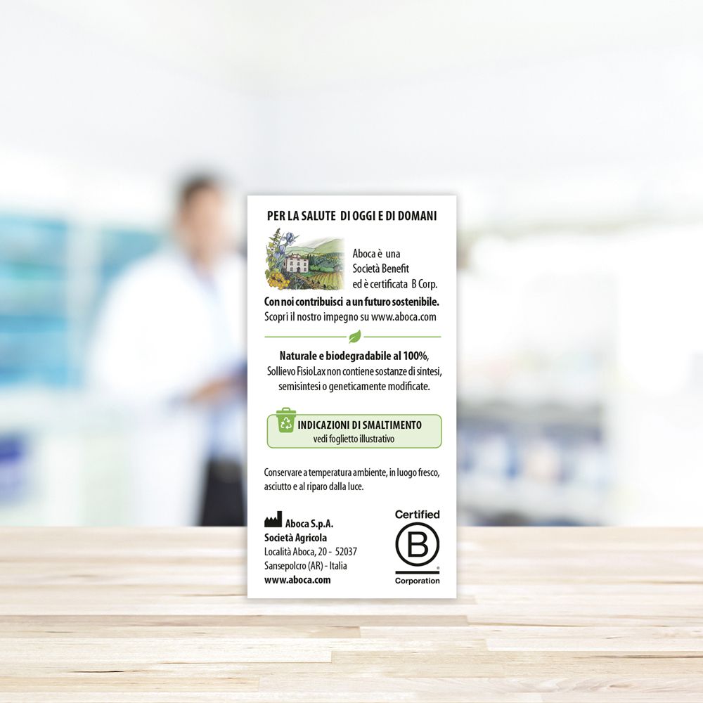 Retro della confezione Sollievo Fisiolax. Testo: meccanismo d'azione, ingredienti. Certificazione: B Corp.