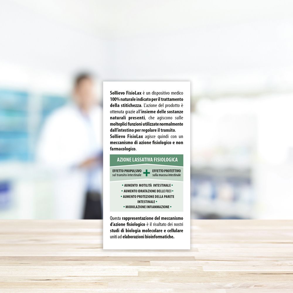 Retro della confezione Sollievo Fisiolax. Testo: meccanismo d'azione, ingredienti. Certificazione: B Corp.