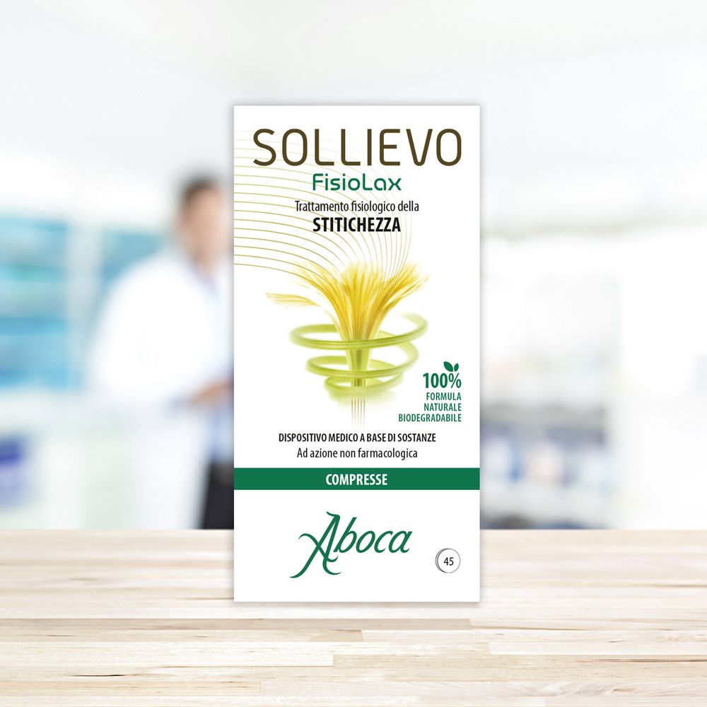 Etichetta bianca con testo: Sollievo Fisiolax, trattamento della stitichezza. Logo Aboca. Formula 100% naturale.