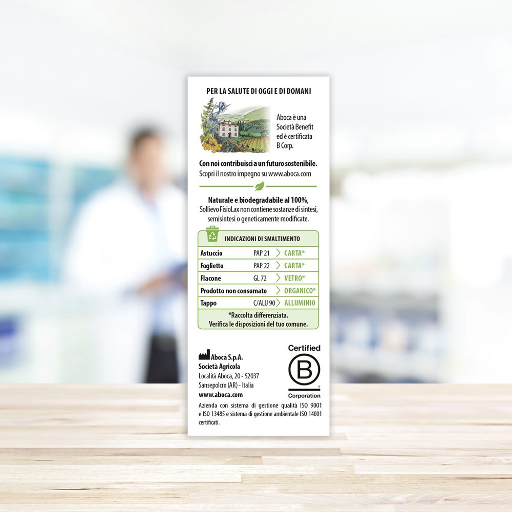 Retro della confezione. Testo sull'azione di Sollievo Fisiolax. Dispositivo medico. Senza glutine.
