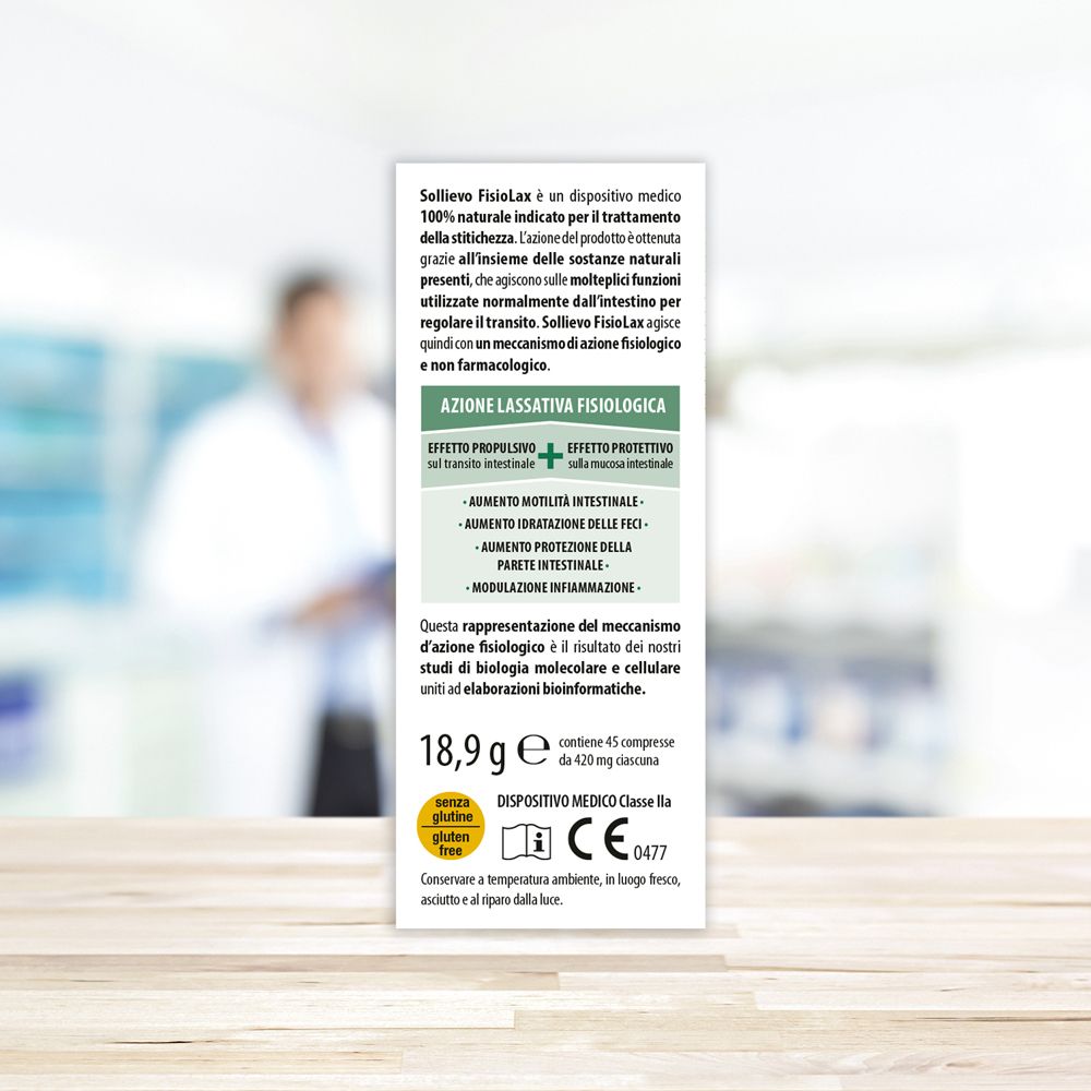 Flacone di vetro marrone con tappo dorato. Testo: Sollievo Fisiolax, 45 Compresse. Dispositivo medico. Logo Aboca.