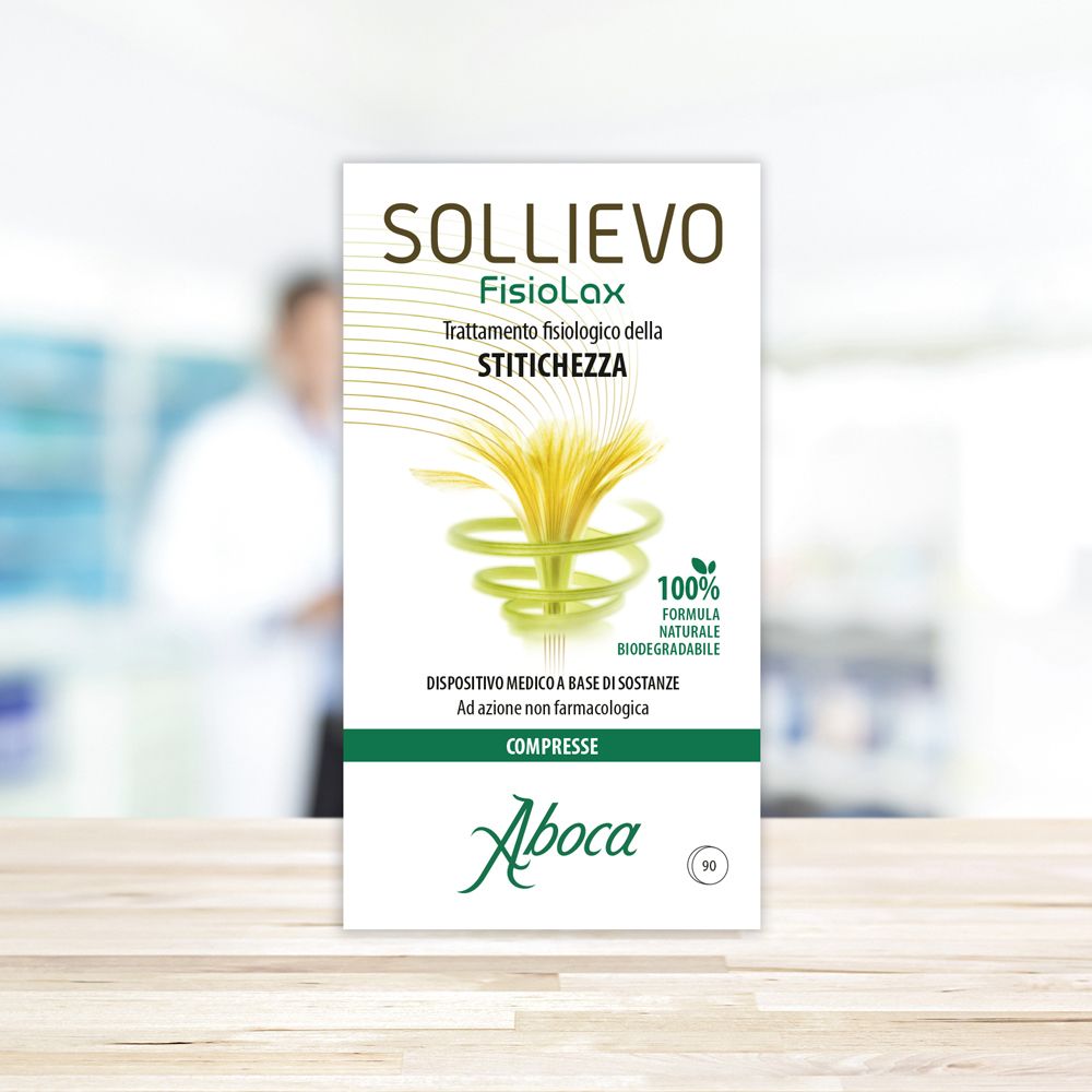 Scatola bianca Sollievo Fisiolax. Scritta verde e bianca. Logo Aboca. 90 compresse. Formula naturale al 100%.