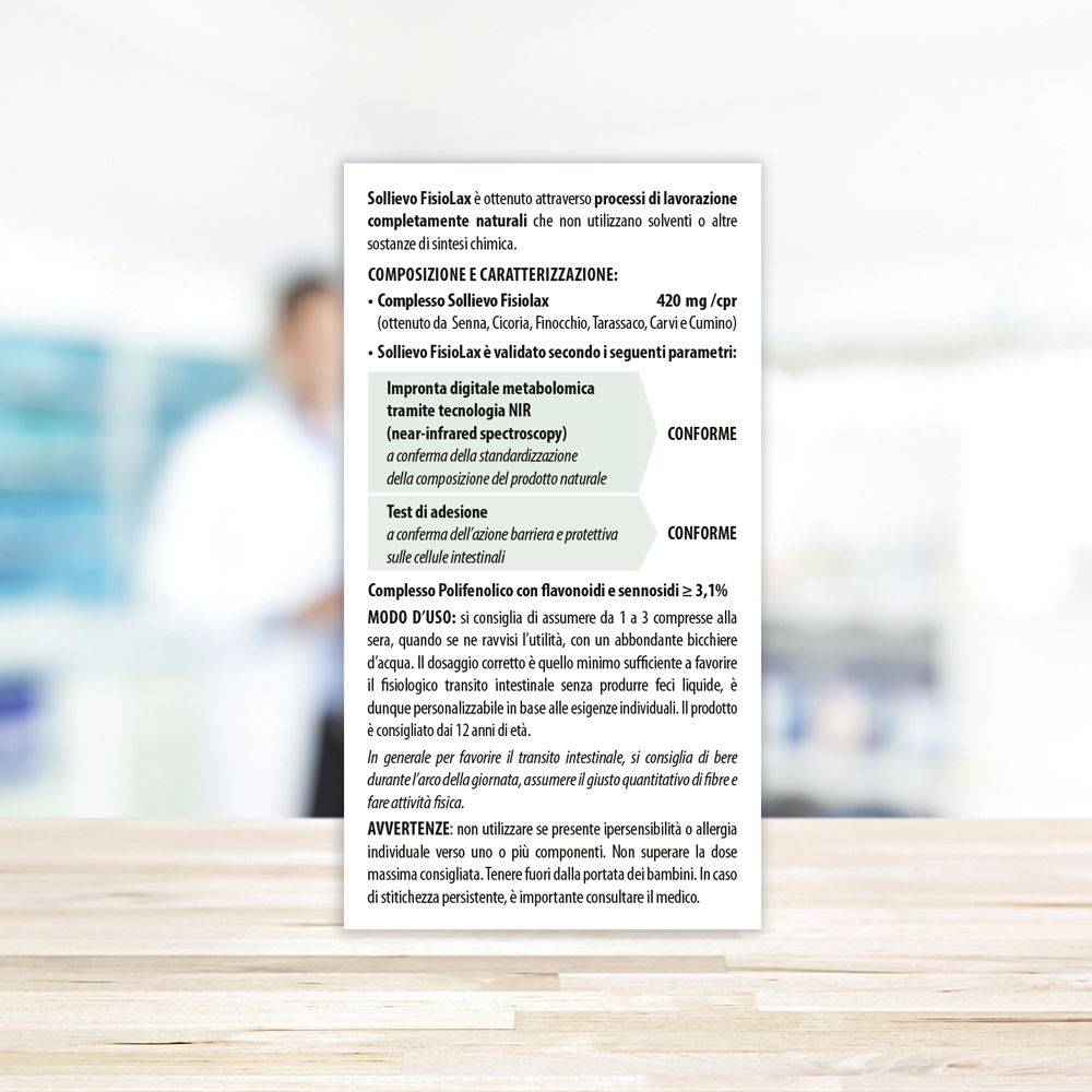 Retro scatola Sollievo Fisiolax. Testo in italiano. Composizione e istruzioni per l'uso.