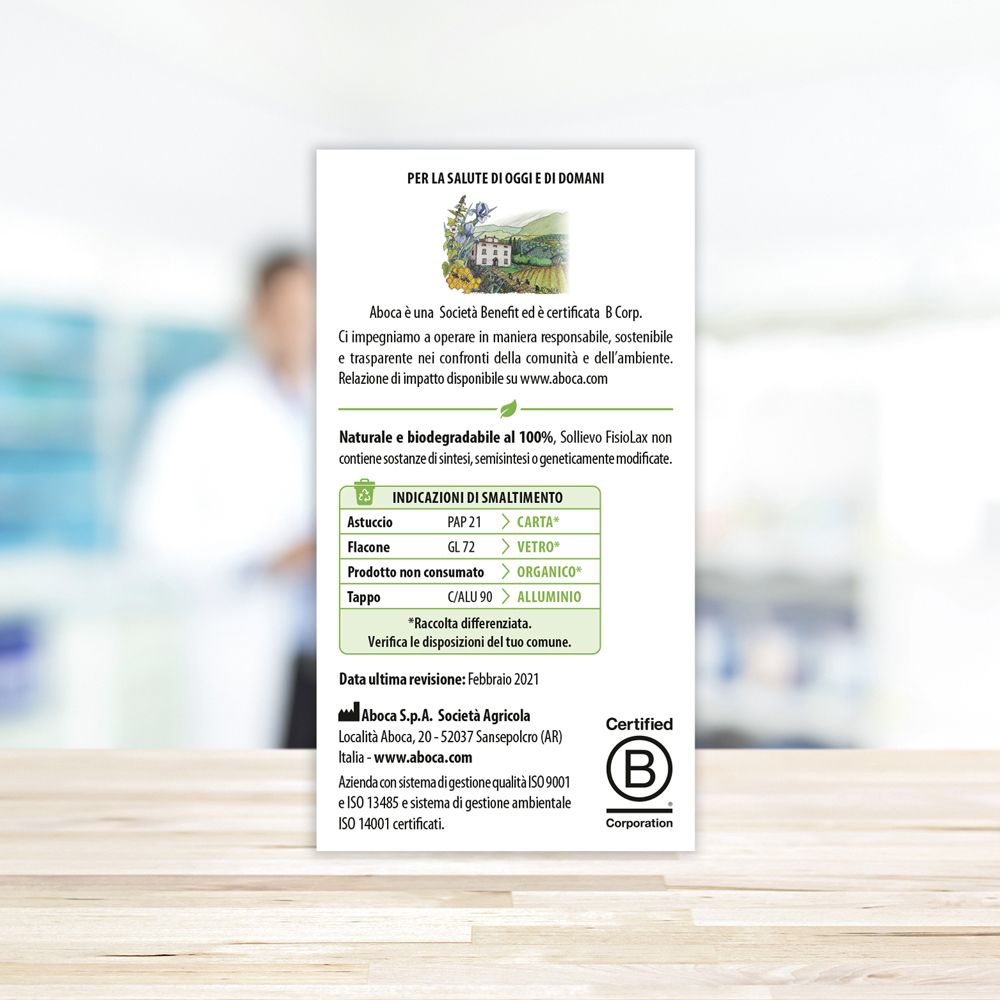 Retro scatola Sollievo Fisiolax. Testo in italiano. Informazioni sullo smaltimento.