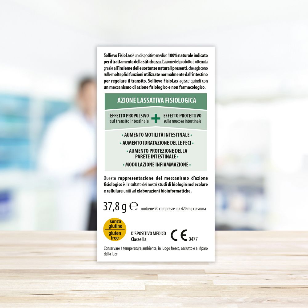 Flacone rotondo marrone Sollievo Fisiolax. Coperchio dorato. 90 compresse. Formula naturale al 100%.