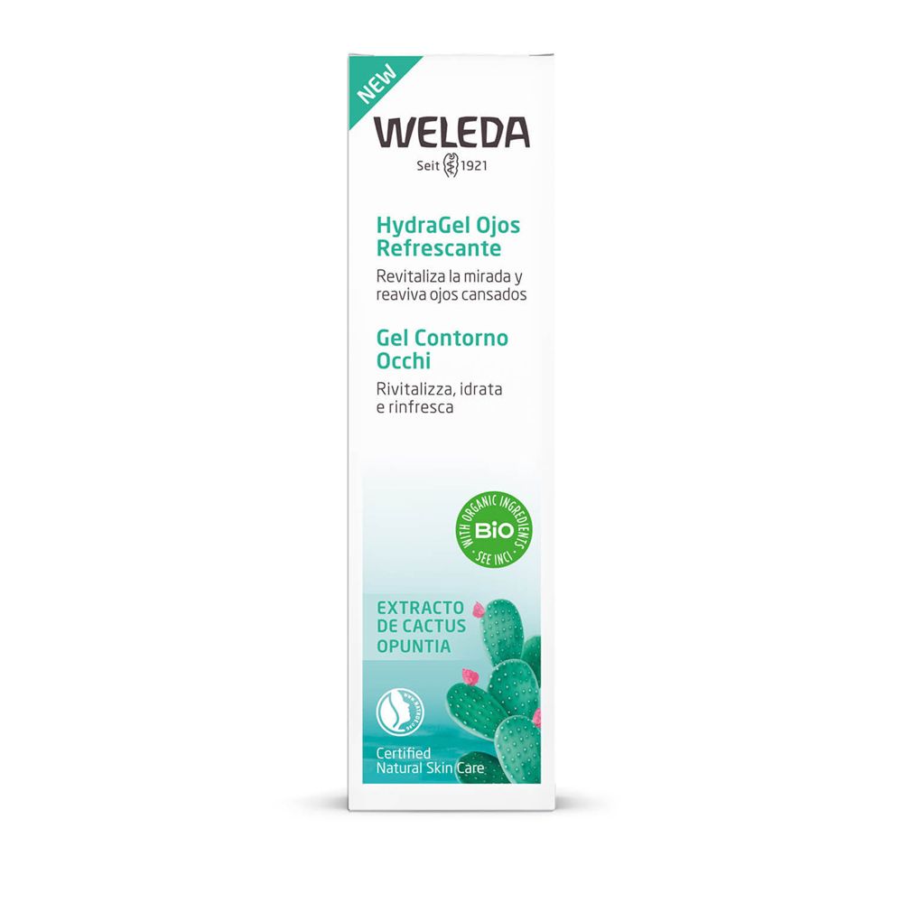Confezione bianca con scritta: WELEDA, HydraGel Ojos Refrescante, Gel Contorno Occhi. Sigillo Bio. Illustrazione: Cactus.