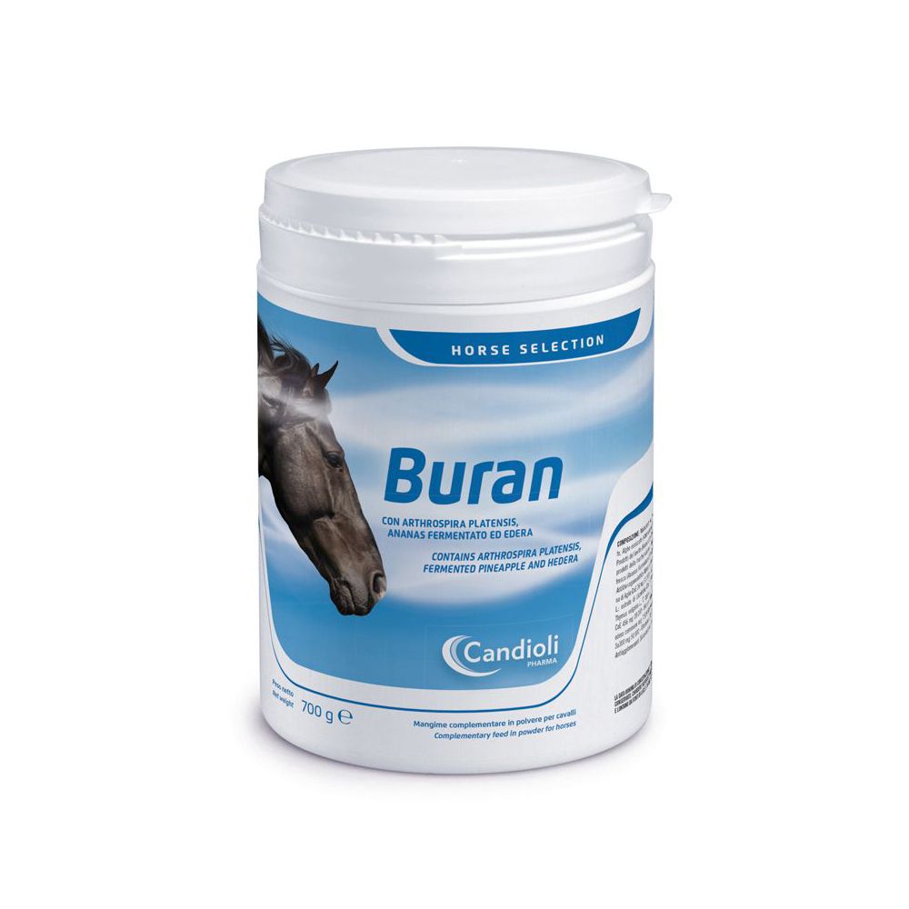 Barattolo bianco con etichetta blu. Scritta "Buran" e "Candioli". Contiene ananas fermentato e edera. 700 g.
