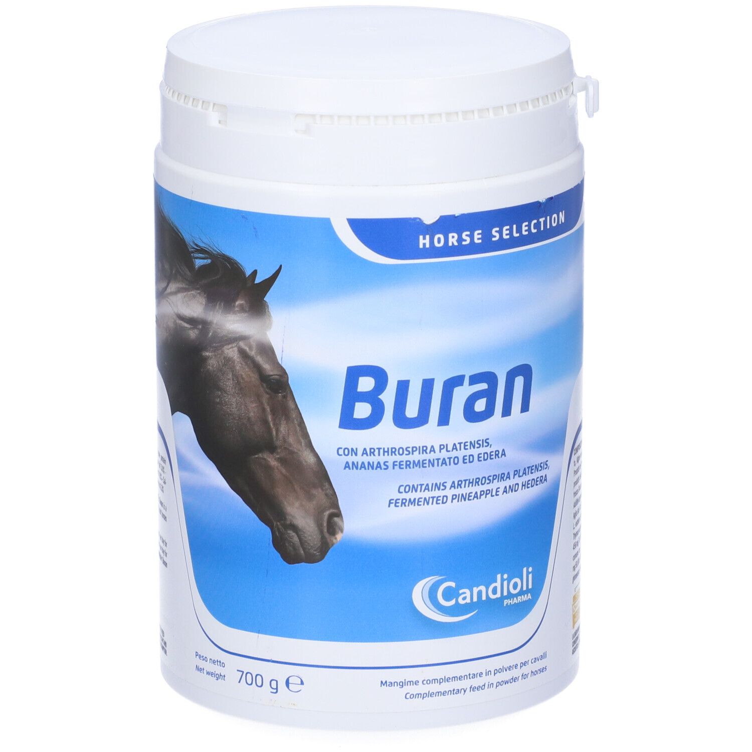 Barattolo bianco con etichetta blu. Scritta "Buran" e "Candioli". Contiene ananas fermentato e edera. 700 g.