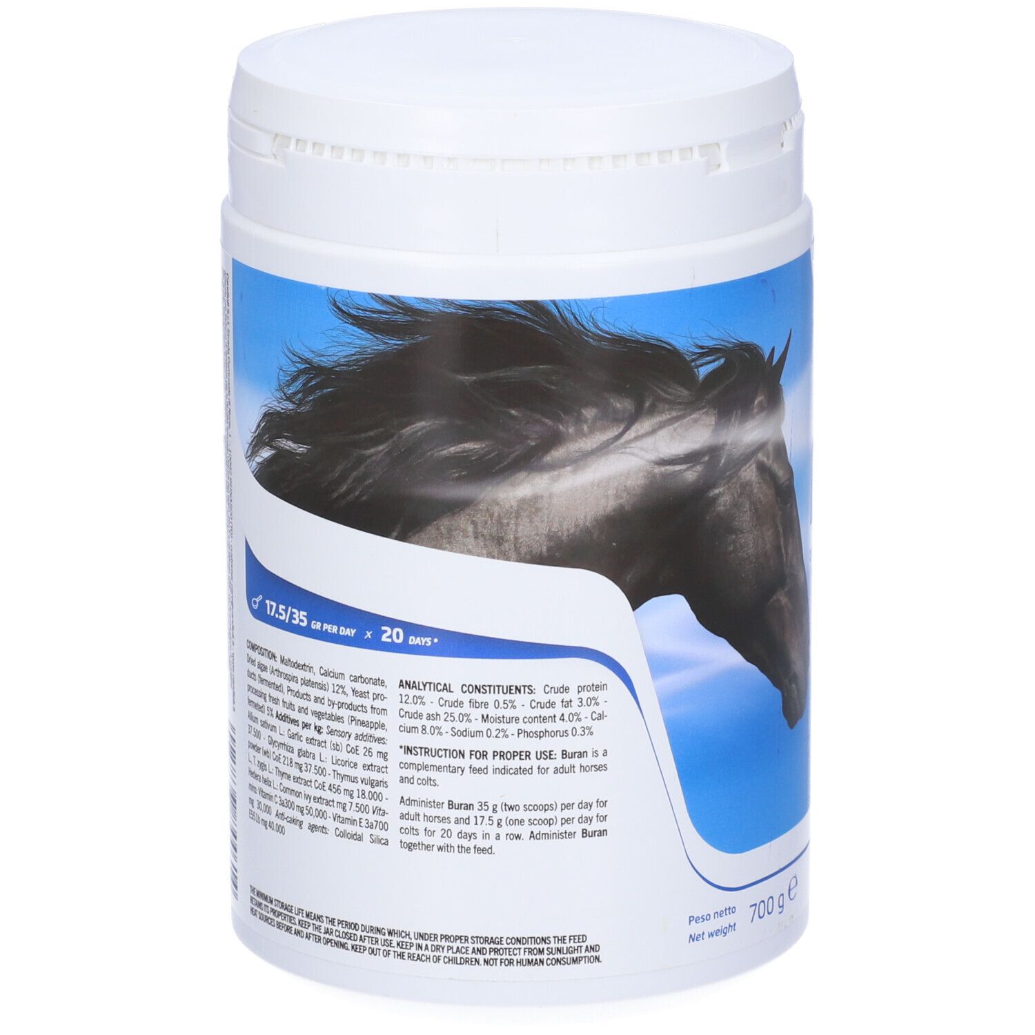 Barattolo bianco con etichetta blu. Scritta "Buran" e "Candioli". Contiene ananas fermentato e edera. 700 g. Retro con testo.