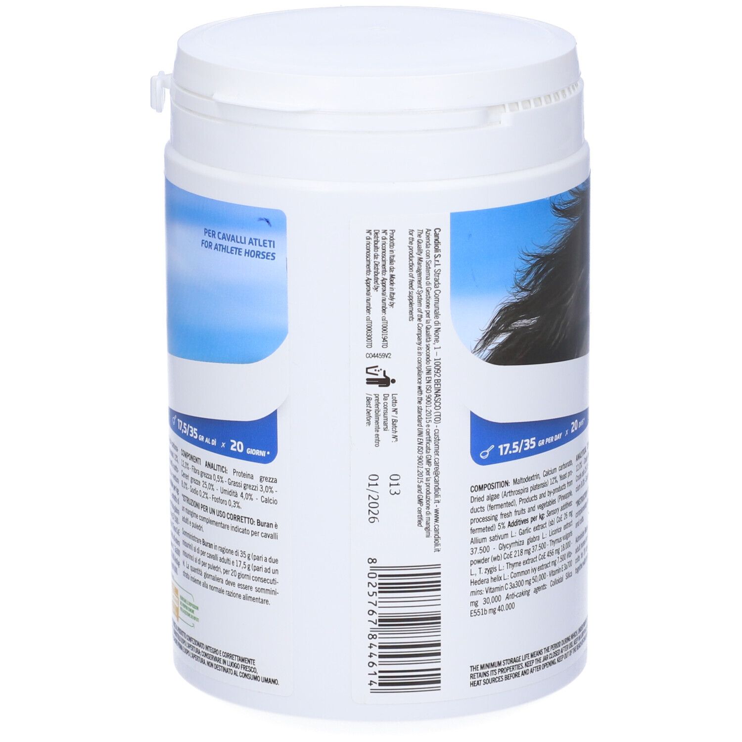 Barattolo bianco con etichetta blu. Scritta "Buran" e "Candioli". Contiene ananas fermentato e edera. 700 g. Retro con testo.