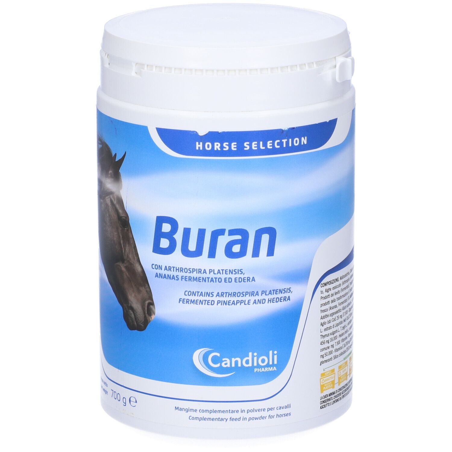 Barattolo bianco con etichetta blu. Scritta "Buran" e "Candioli". Contiene ananas fermentato e edera. 700 g.