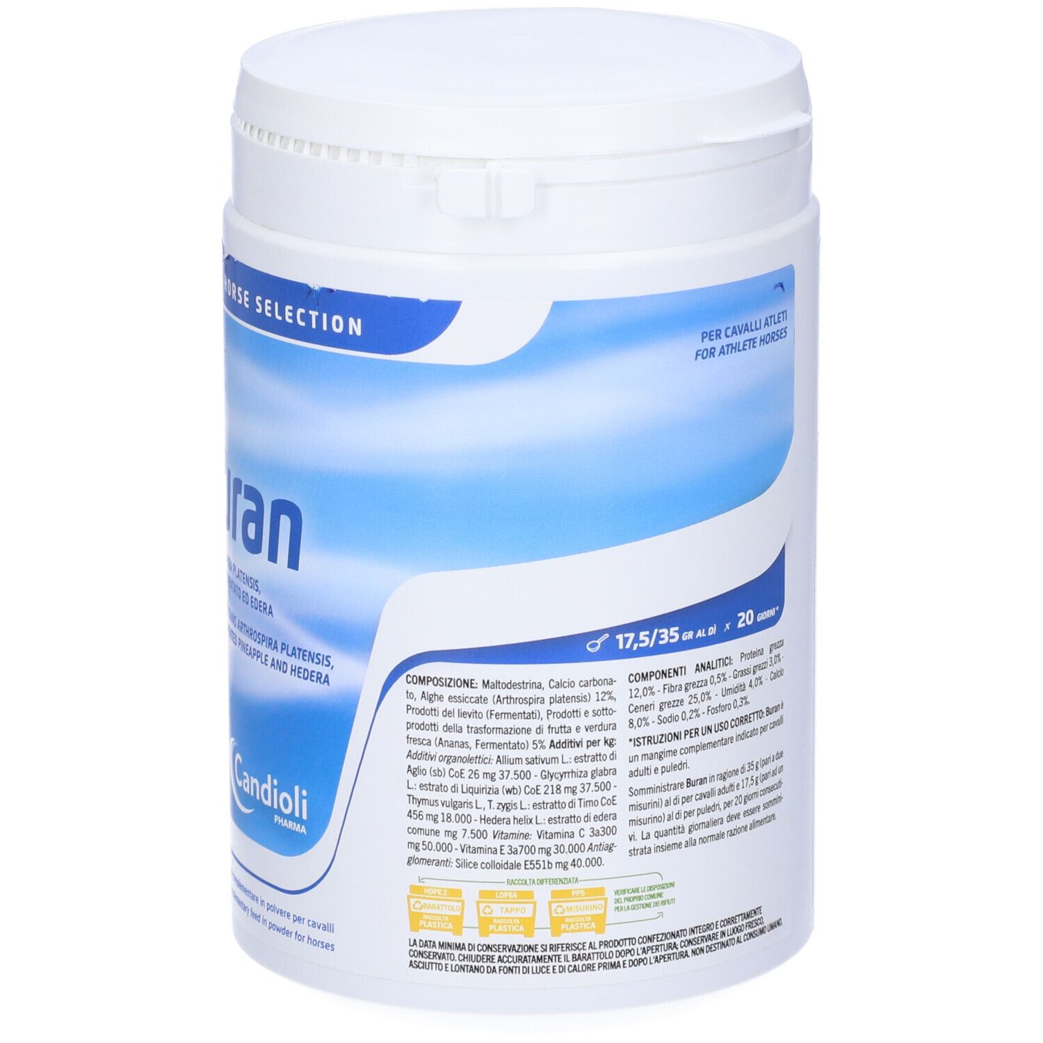 Barattolo bianco con etichetta blu. Scritta "Buran" e "Candioli". Contiene ananas fermentato e edera. 700 g. Retro con testo.