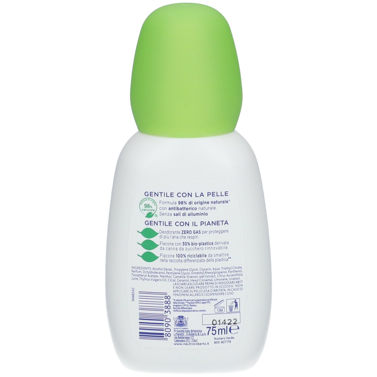 Retro del deodorante spray. Testo: Gentile con la pelle, 98% origine naturale, senza sali di alluminio. 75ml.