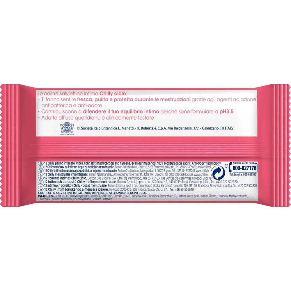 Retro confezione rosa Chilly ciclo. Testo italiano, ingredienti e contatti. Logo riciclo.