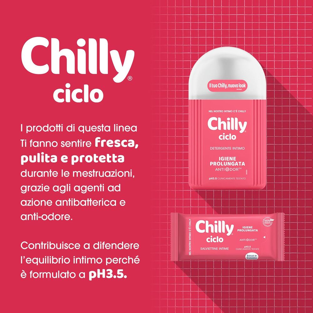 Pubblicità prodotti Chilly ciclo. Spray e confezione salviettine. Testo in italiano.