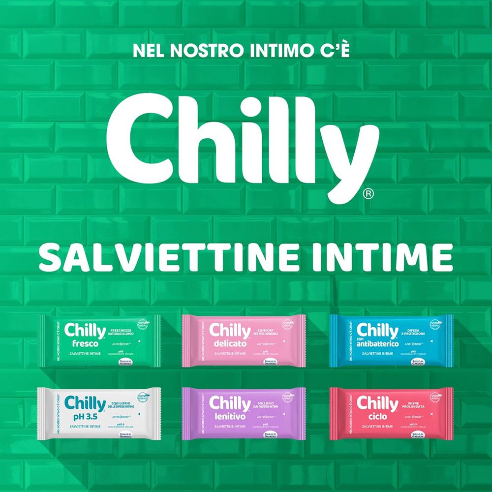Varie salviettine intime Chilly. Sei confezioni diverse. Logo: Chilly.