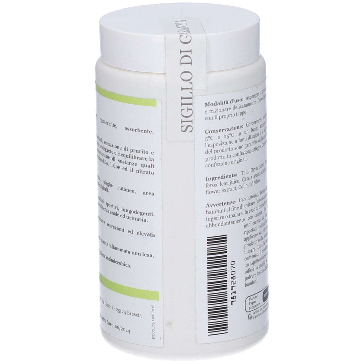 Prodotto bianco con etichetta. Testo in italiano. Scritta: SIGILLO DI GARANZIA.