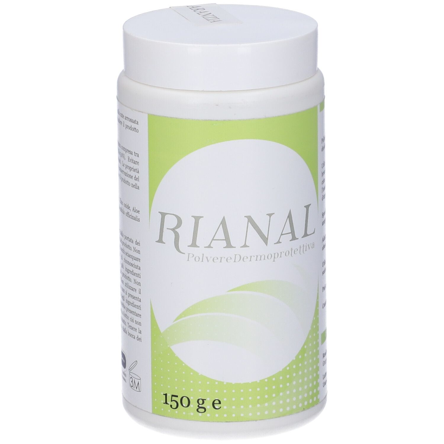 Prodotto bianco con etichetta verde. Scritta: RIANAL, Polvere Dermoprotettiva, 150 g.