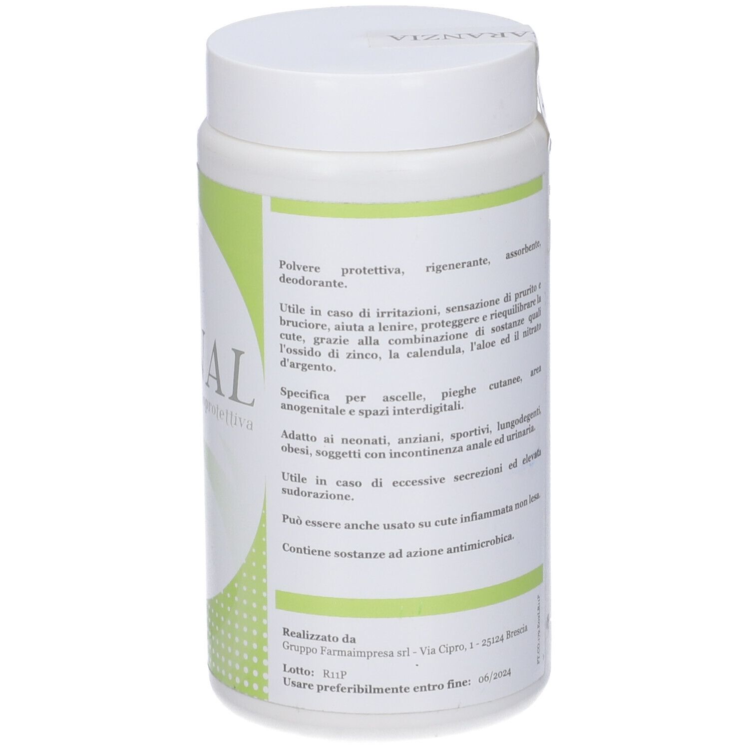 Prodotto bianco con etichetta verde. Testo in italiano. Contiene ingredienti e istruzioni.