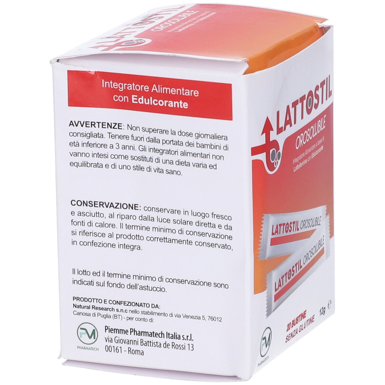 Retro della confezione di Lattostil Orosolubile. Testo su ingredienti, avvertenze e conservazione.
