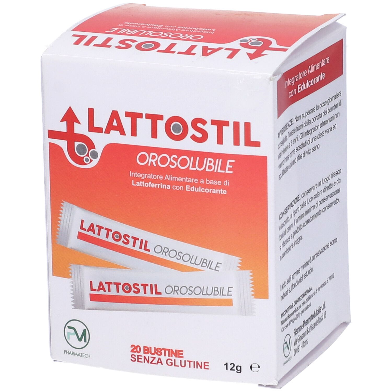 Confezione di Lattostil Orosolubile. Contiene 20 bustine. Scritto: Lattostil Orosolubile, senza glutine, 12g.