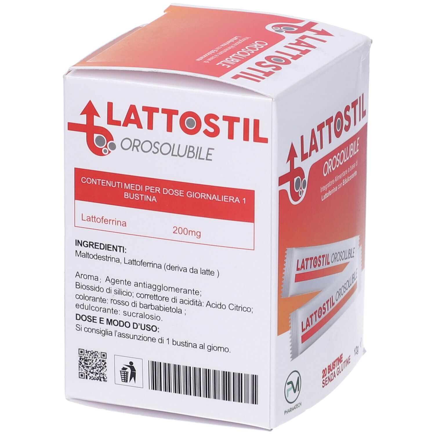 Confezione di Lattostil Orosolubile. Contiene 20 bustine. Scritto: Lattostil Orosolubile, senza glutine, 12g. Ingredienti.
